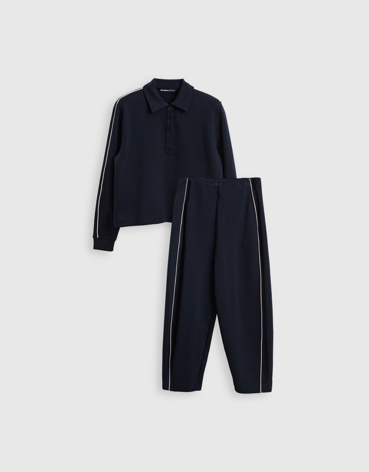 Threadbare Petite Polo Collar Barrel Leg Lounge Set in Navy - flat lay