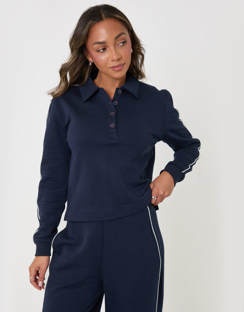 Threadbare Petite Polo Collar Barrel Leg Lounge Set in Navy - full body