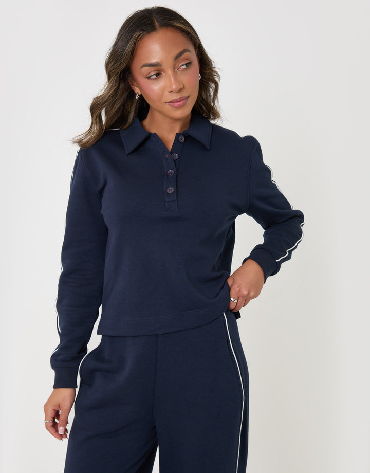 Threadbare Petite Polo Collar Barrel Leg Lounge Set in Navy - full body