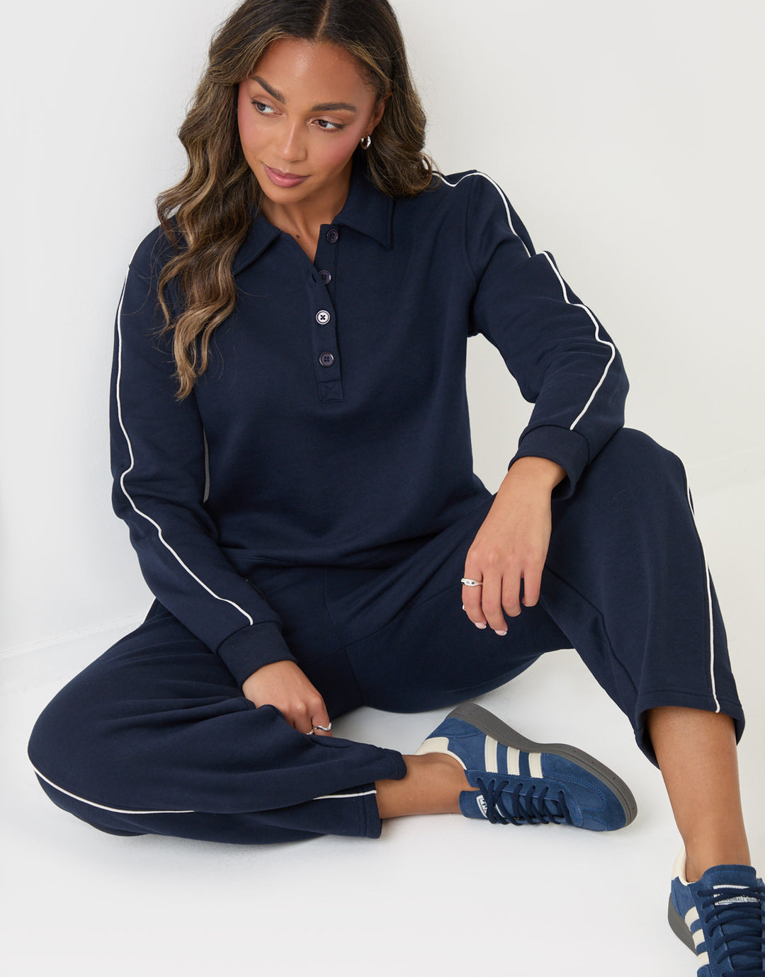 Threadbare Petite Polo Collar Barrel Leg Lounge Set in Navy - sat down