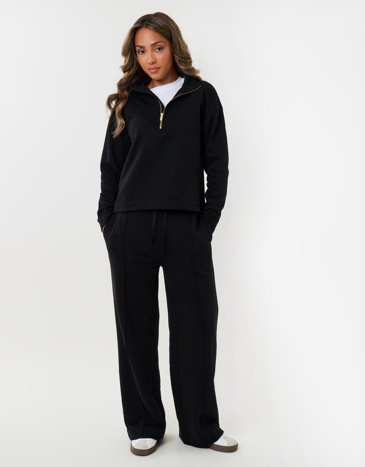 Funnel Neck Wide Leg Sweat Set in Black