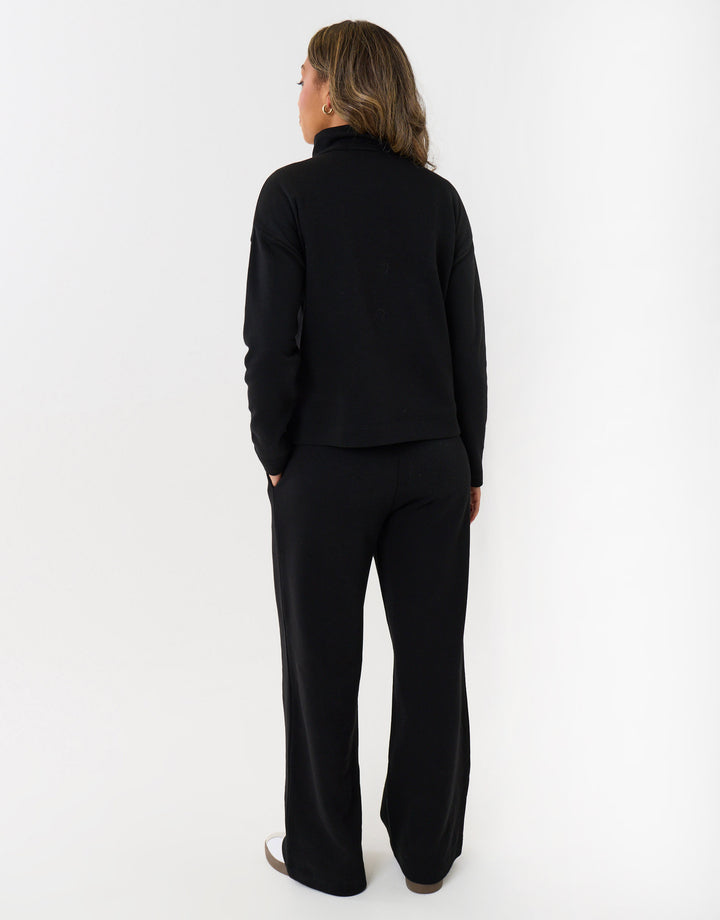 Funnel Neck Wide Leg Sweat Set in Black