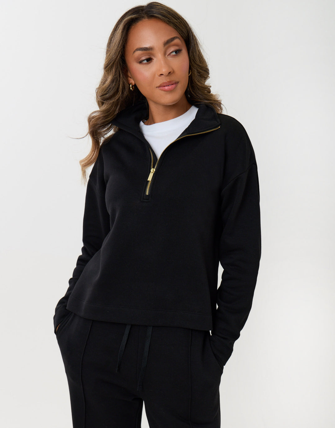 Funnel Neck Wide Leg Sweat Set in Black
