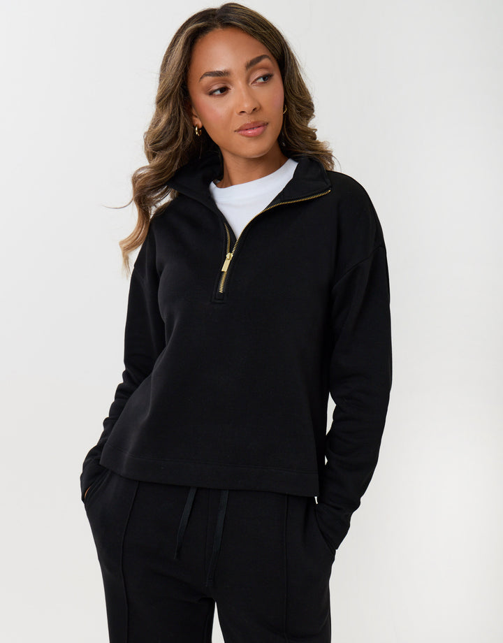 Funnel Neck Wide Leg Sweat Set in Black