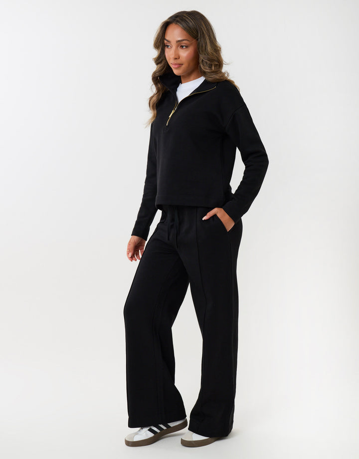 Funnel Neck Wide Leg Sweat Set in Black