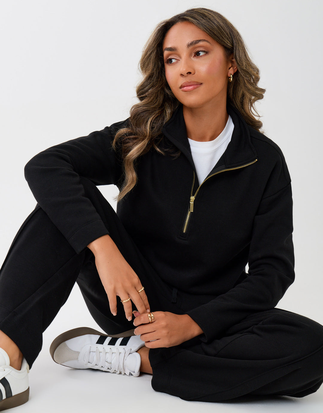 Funnel Neck Wide Leg Sweat Set in Black