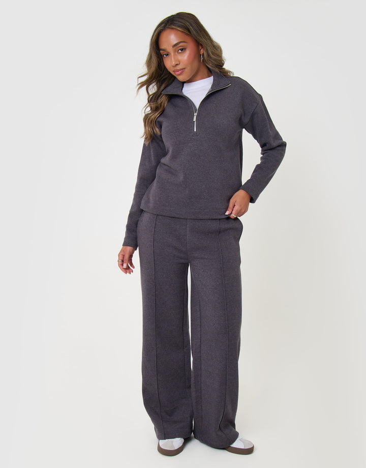 Threadbare Funnel Neck Wide Leg Sweat Set in Charcoal Grey - front view