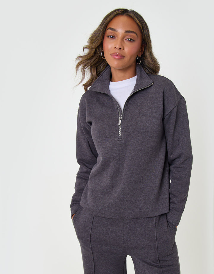 Threadbare Funnel Neck Wide Leg Sweat Set in Charcoal Grey - close up