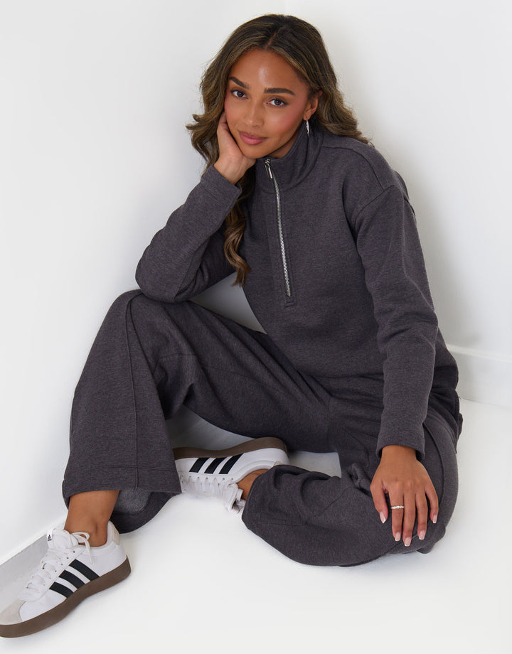 Threadbare Funnel Neck Wide Leg Sweat Set in Charcoal Grey - sat down