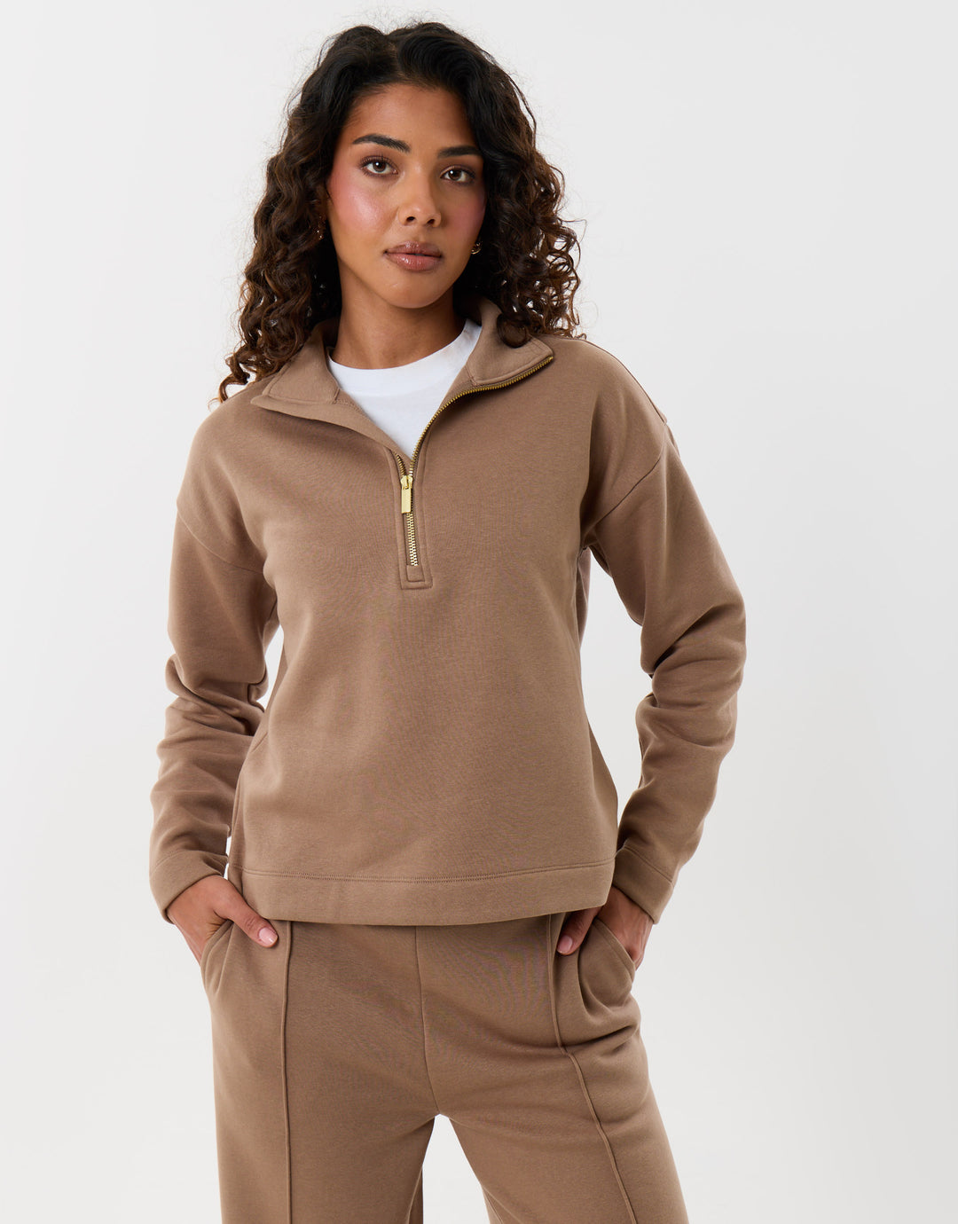 Threadbare Funnel Neck Wide Leg Sweat Set in Mink Brown - full body