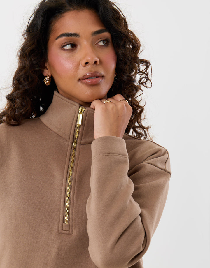 Threadbare Funnel Neck Wide Leg Sweat Set in Mink Brown - close up