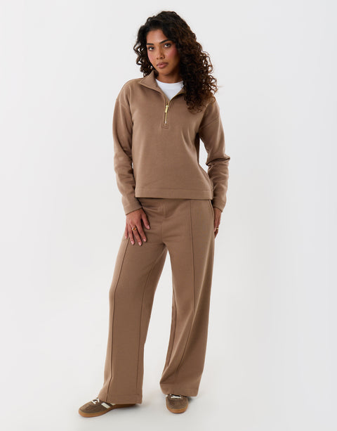 Threadbare Funnel Neck Wide Leg Sweat Set in Mink Brown - front view