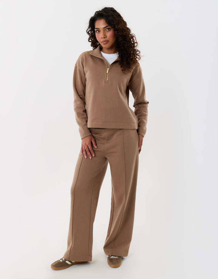 Threadbare Funnel Neck Wide Leg Sweat Set in Mink Brown - front view