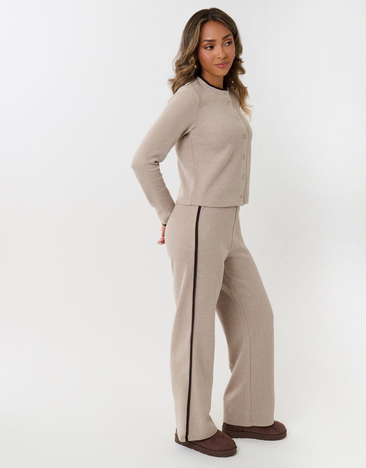 Contrast Stripe Wide Leg Sweat Set in Stone