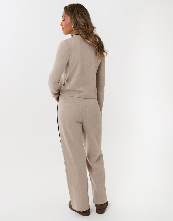 Contrast Stripe Wide Leg Sweat Set in Stone