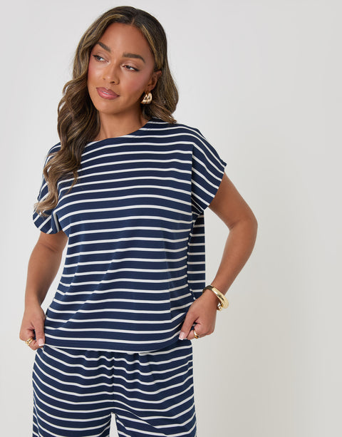 Threadbare Jersey Co-ord Boxy Fit Top in Navy Stripe - close up