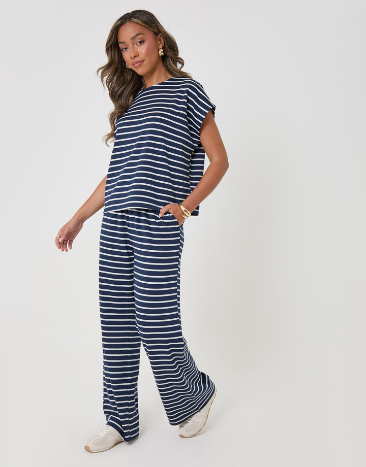 Threadbare Jersey Co-ord Boxy Fit Top in Navy Stripe - full body