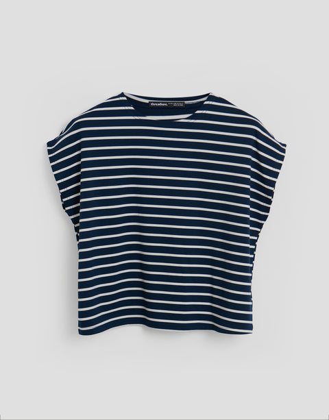 Threadbare Boxy Fit Jersey Co-ord Top in Navy Stripe - flat lay top