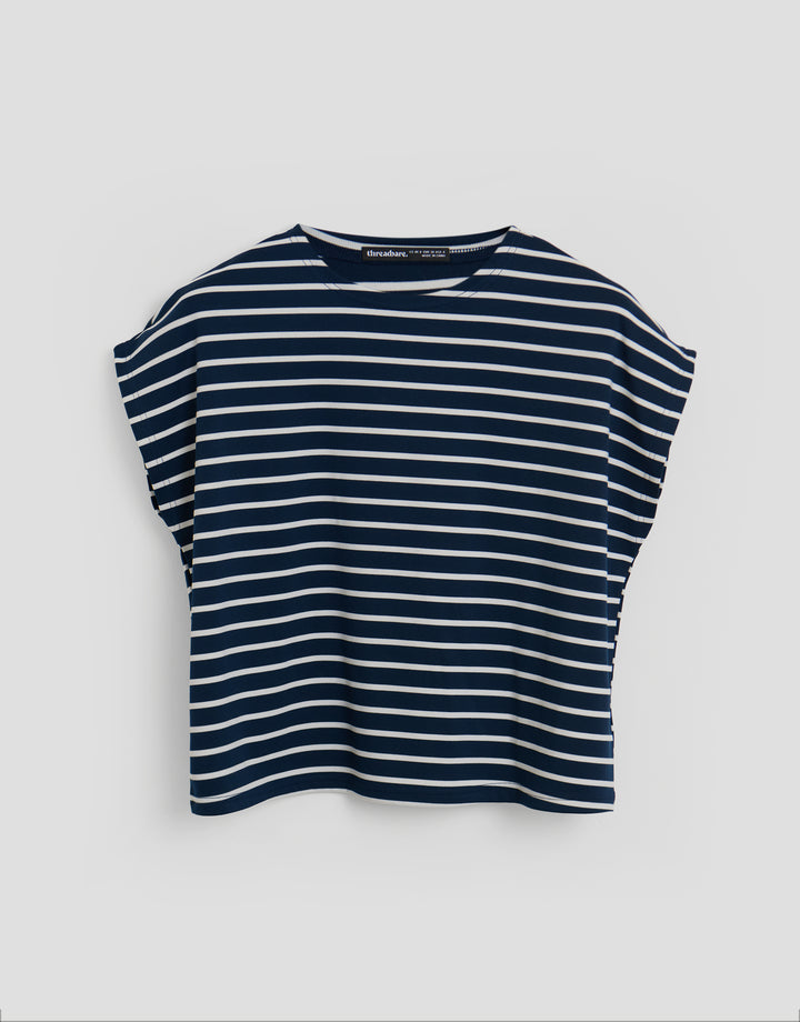 Threadbare Boxy Fit Jersey Co-ord Top in Navy Stripe - flat lay top