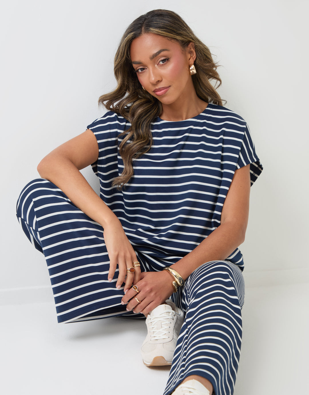 Threadbare Jersey Co-ord Boxy Fit Top in Navy Stripe - sat down