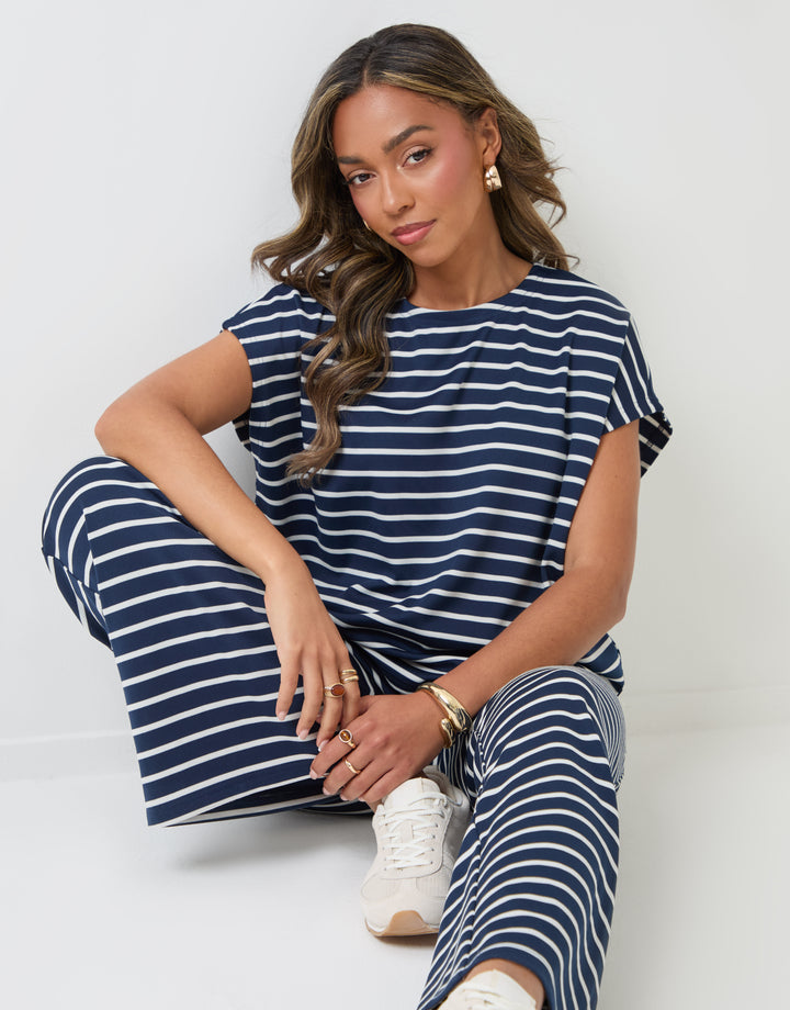 Threadbare Jersey Co-ord Boxy Fit Top in Navy Stripe - sat down