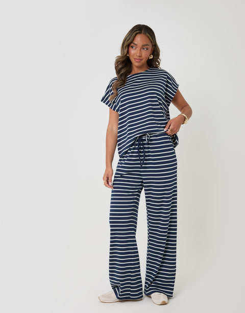 Threadbare Jersey Co-ord Boxy Fit Top in Navy Stripe - full body