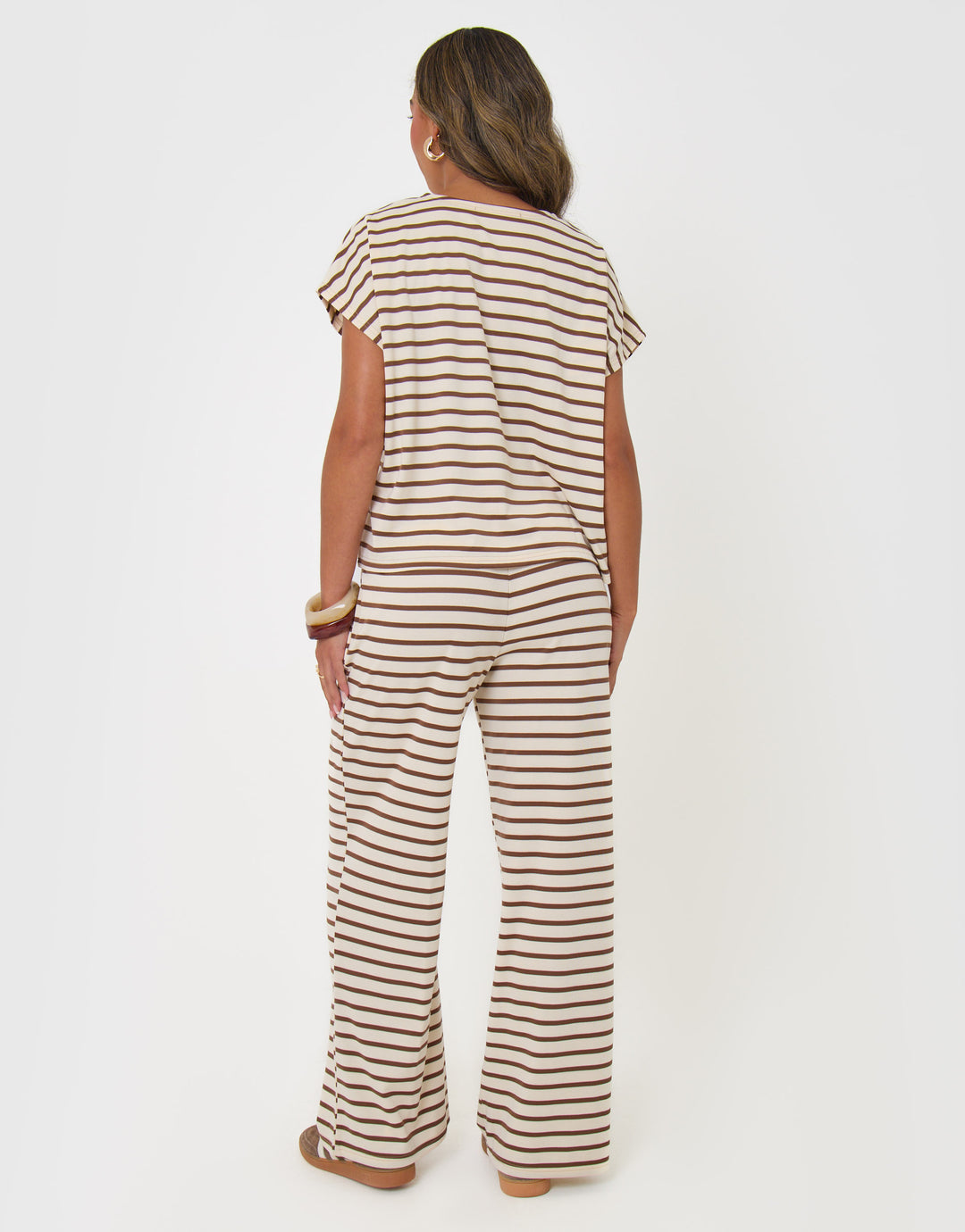 Threadbare Boxy Fit Jersey Cotton Top & Wide Leg Trousers Set in Brown Stripe - back view