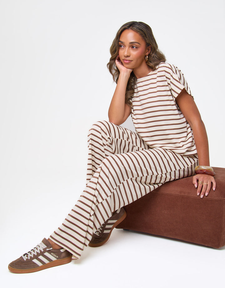 Threadbare Boxy Fit Jersey Cotton Top & Wide Leg Trousers Set in Brown Stripe - sat down