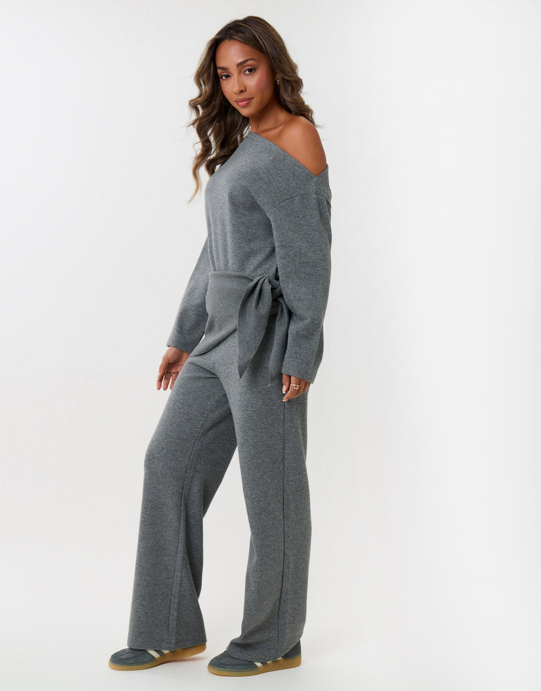 Off Shoulder Top & Wide Leg Co-ord in Grey