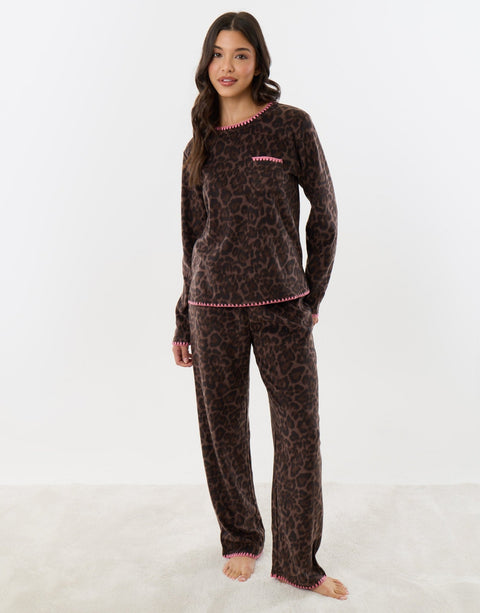 Threadbare Micro Fleece Pyjama Set in Leopard Print - front view