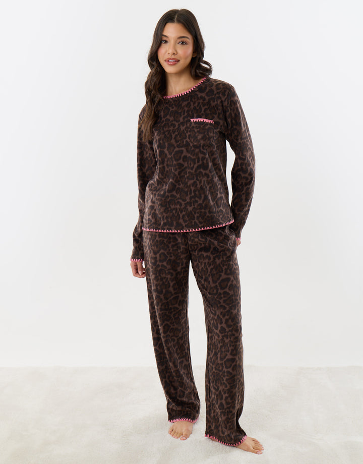 Threadbare Micro Fleece Pyjama Set in Leopard Print - front view
