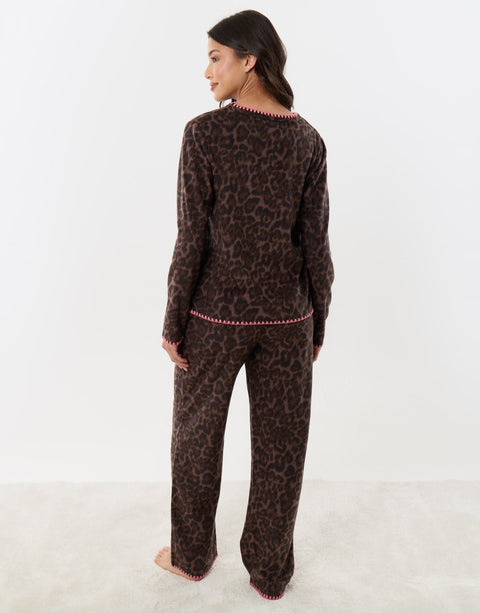 Threadbare Micro Fleece Pyjama Set in Leopard Print - back view