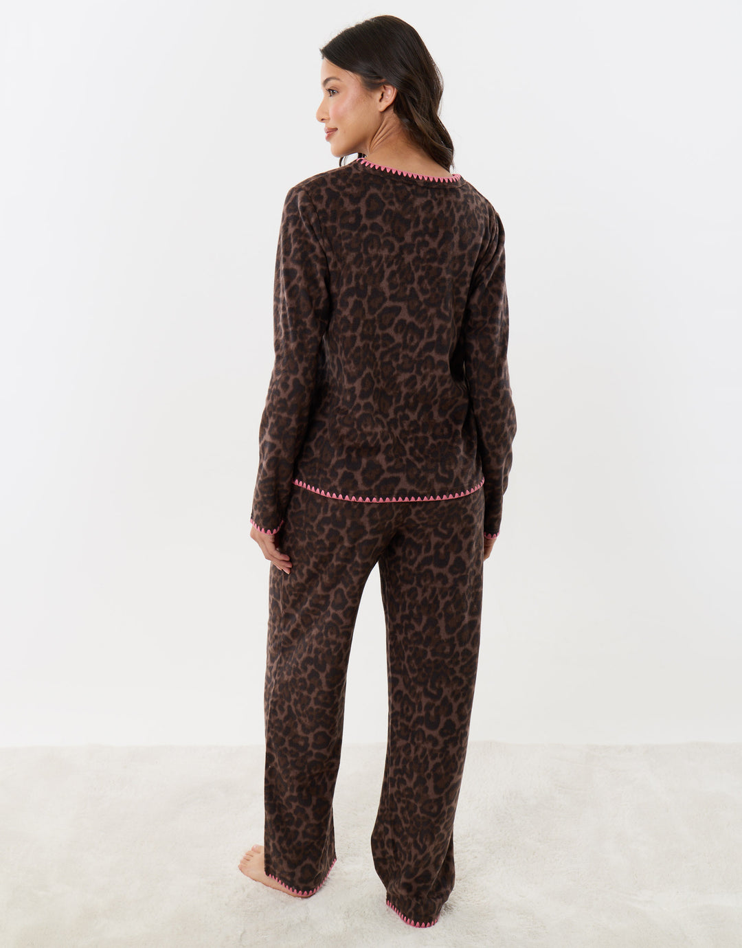 Threadbare Petite Micro Fleece Pyjama Set in Leopard Print - back view