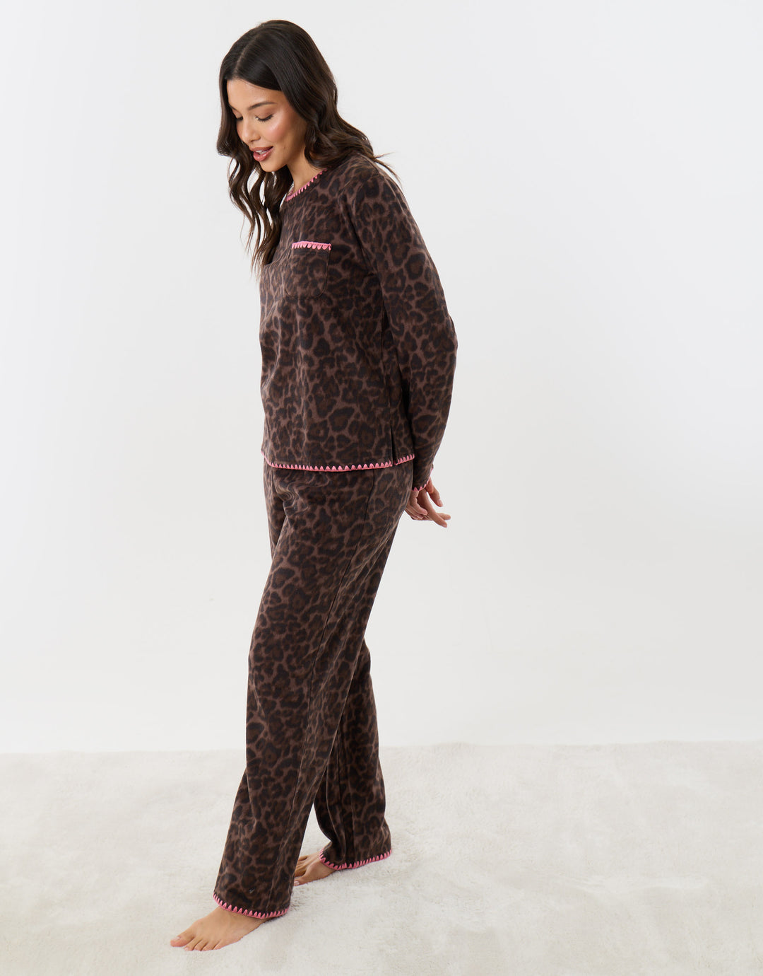 Threadbare Petite Micro Fleece Pyjama Set in Leopard Print - side view
