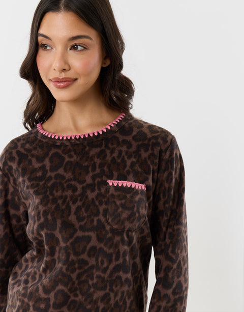 Threadbare Micro Fleece Pyjama Set in Leopard Print - close up