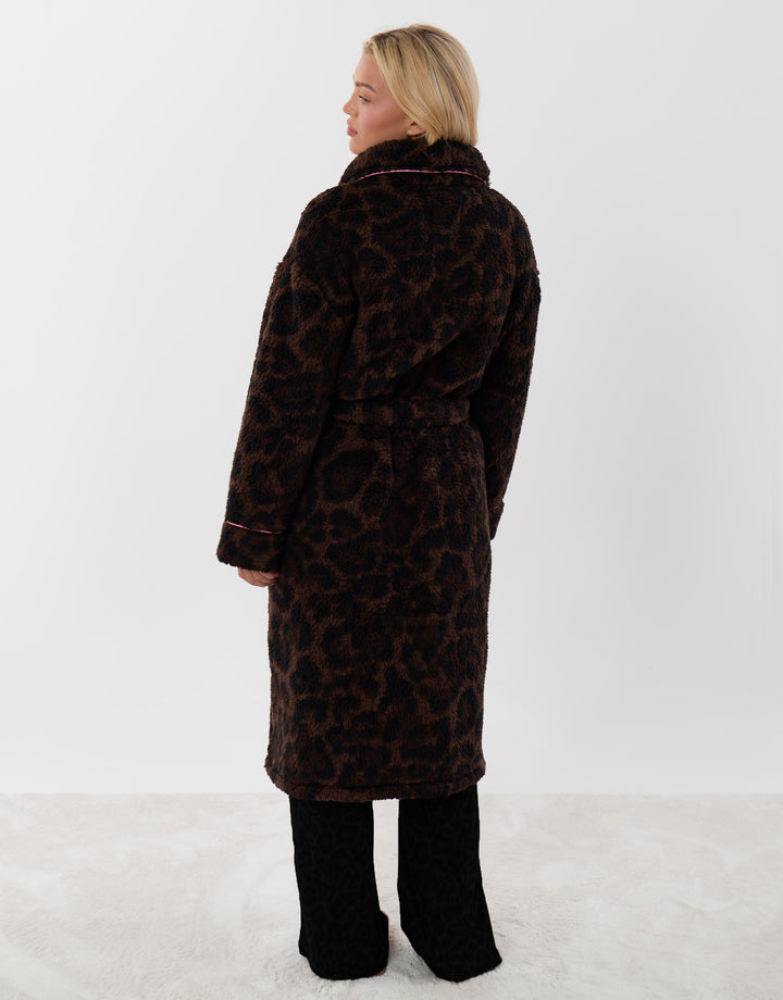 Contrast Piping Dressing Gown in Leopard Print