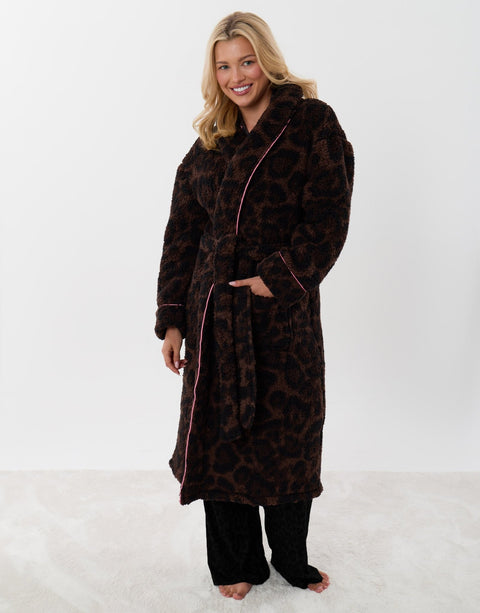 Threadbare Petite Contast Piping Dressing Gown in Leopard Print -  front view