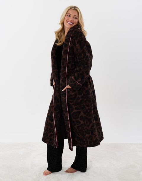 Threadbare Contrast Piping Dressing Gown in Leopard Print - full view
