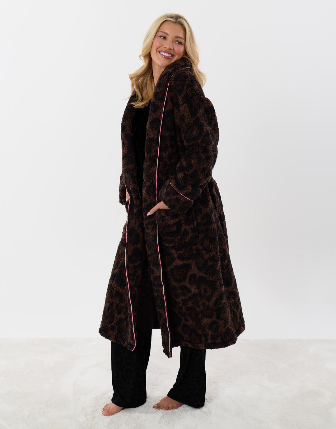 Threadbare Petite Contast Piping Dressing Gown in Leopard Print - full view