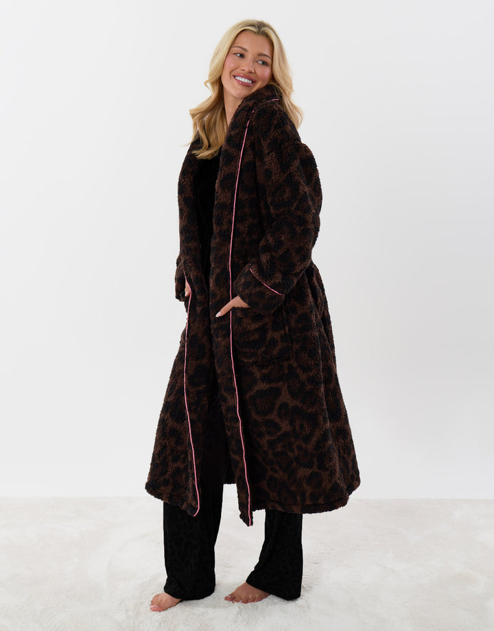 Threadbare Petite Contast Piping Dressing Gown in Leopard Print - full view