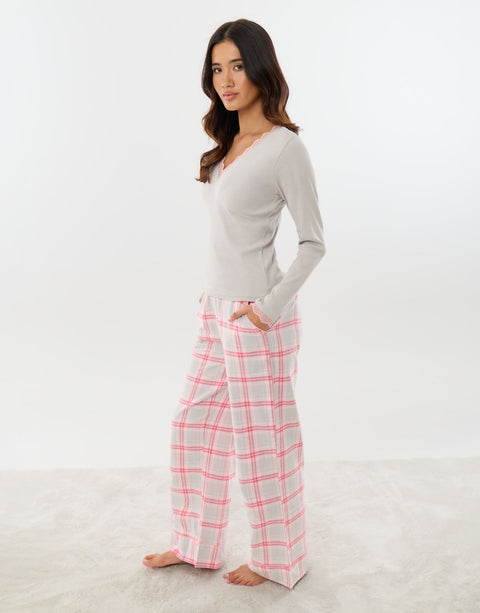 Threadbare Petite Cotton V Neck Pyjama Set in Grey Check - side view