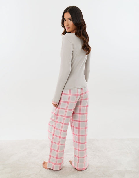 Threadbare Petite Cotton V Neck Pyjama Set in Grey Check - back view