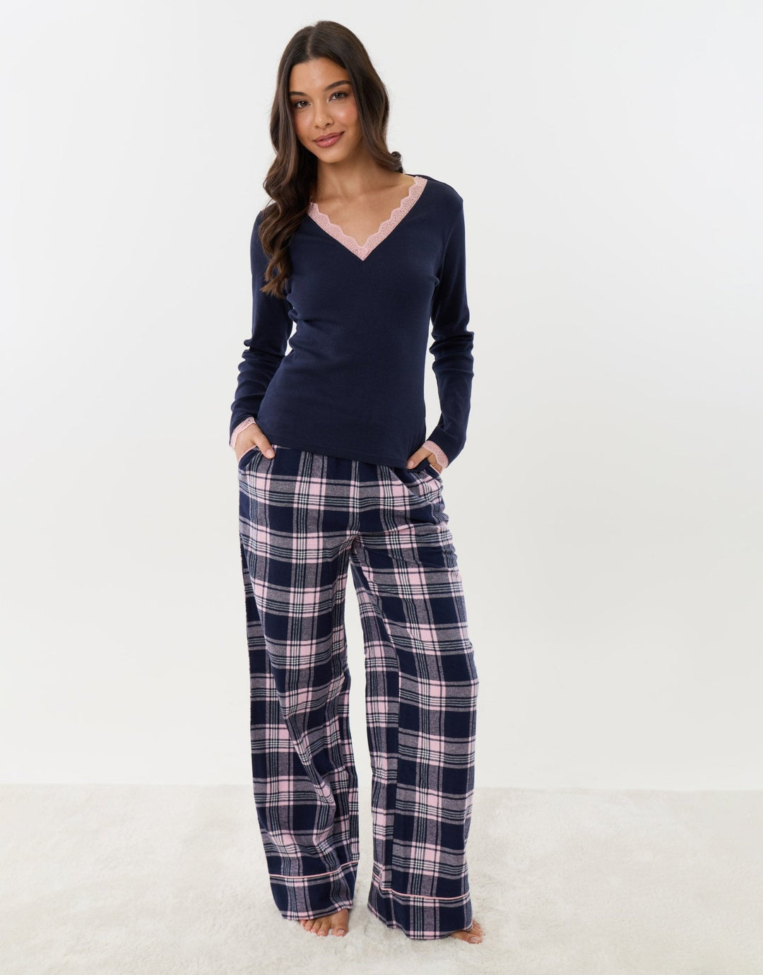 Threadbare Petite Cotton V Neck Pyjama Set in Navy Check -  front view