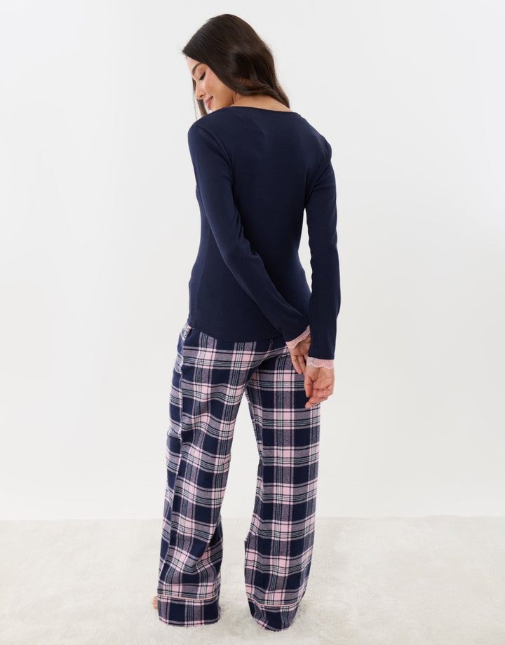 Threadbare Petite Cotton V Neck Pyjama Set in Navy Check - back view