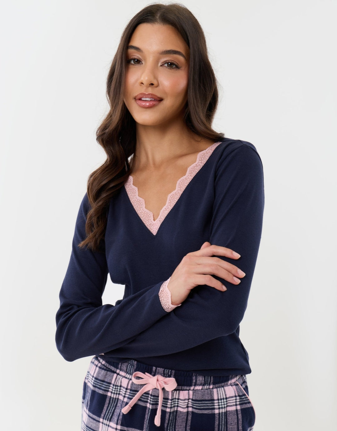 Threadbare Cotton V Neck Pyjama Set in Navy Check - front view