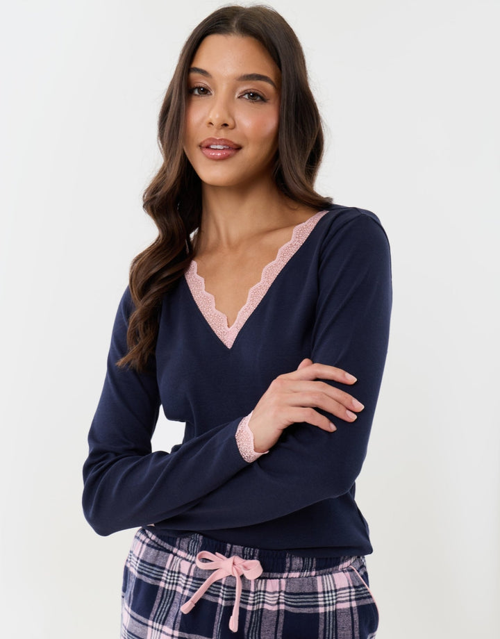 Threadbare Petite Cotton V Neck Pyjama Set in Navy Check - close up