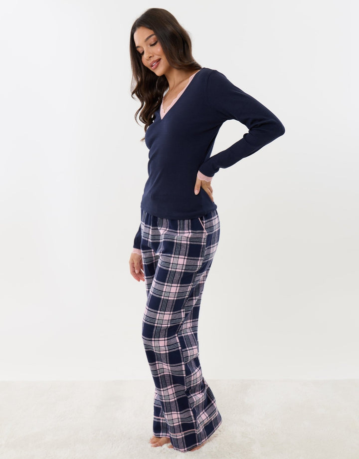 Threadbare Petite Cotton V Neck Pyjama Set in Navy Check - full view