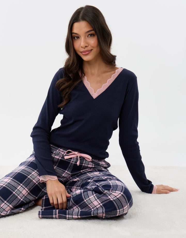 Threadbare Petite Cotton V Neck Pyjama Set in Navy Check - sat down view