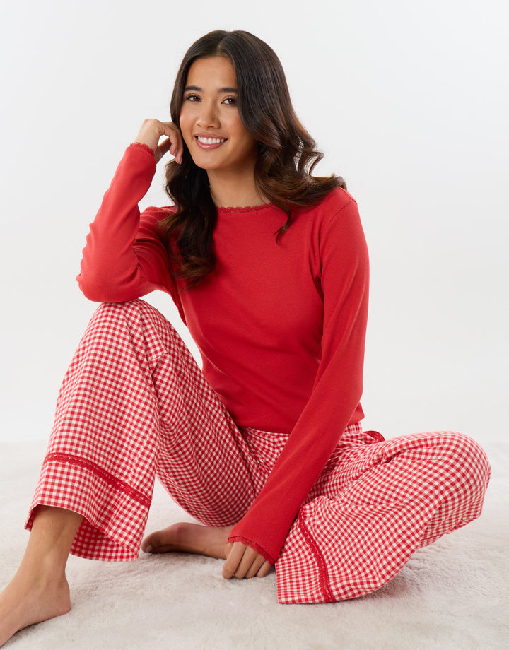 Threadbare Cotton Round Neck Pyjama Set in Red Check - sat down view