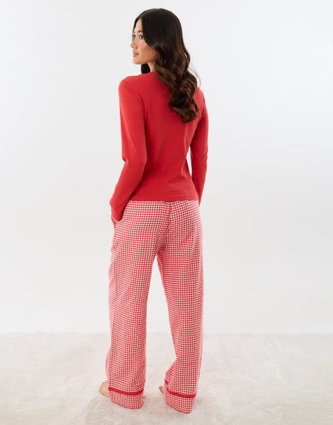 Threadbare Cotton Round Neck Pyjama Set in Red Check - back view